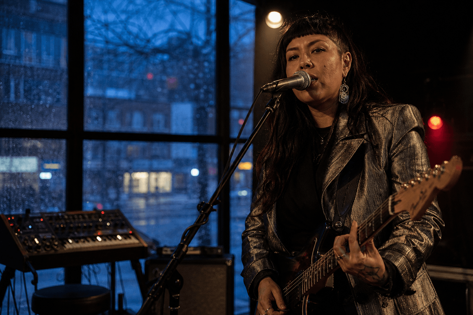 Fictional Canadian singer-songwriter performing during soundcheck at a Toronto venue