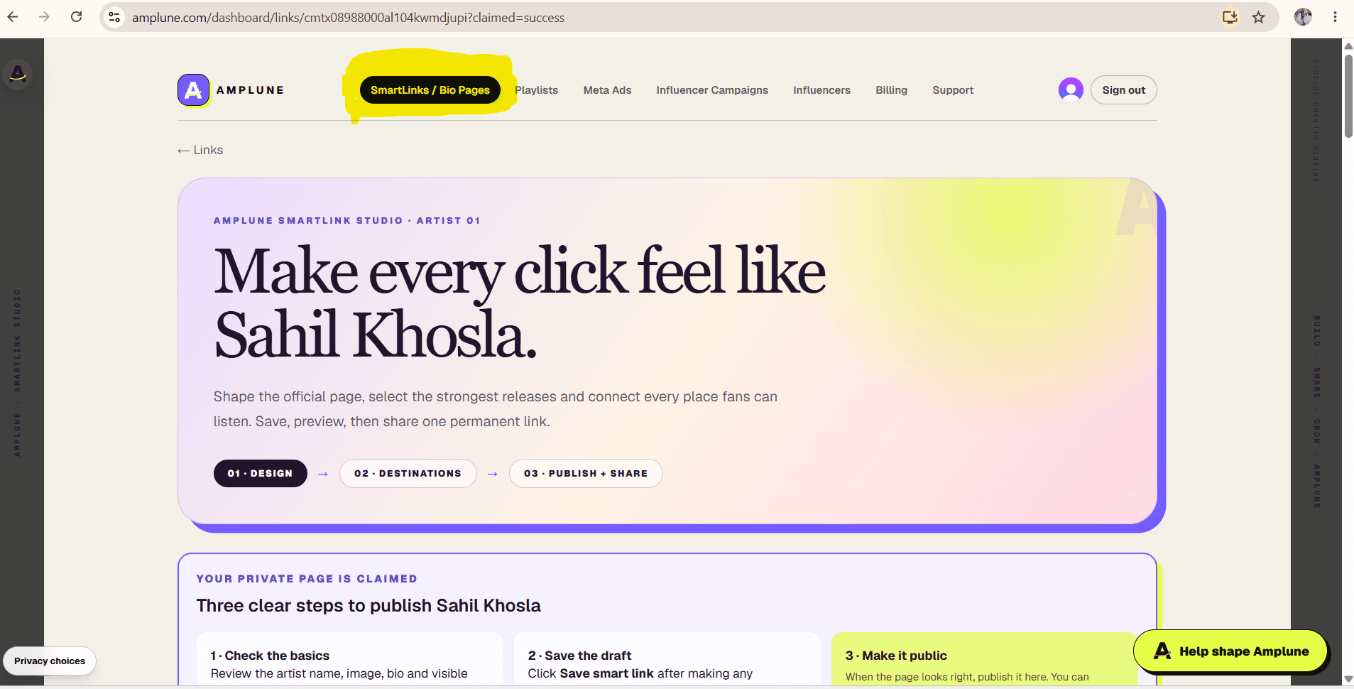 Amplune SmartLinks and Bio Pages workspace with an imported artist