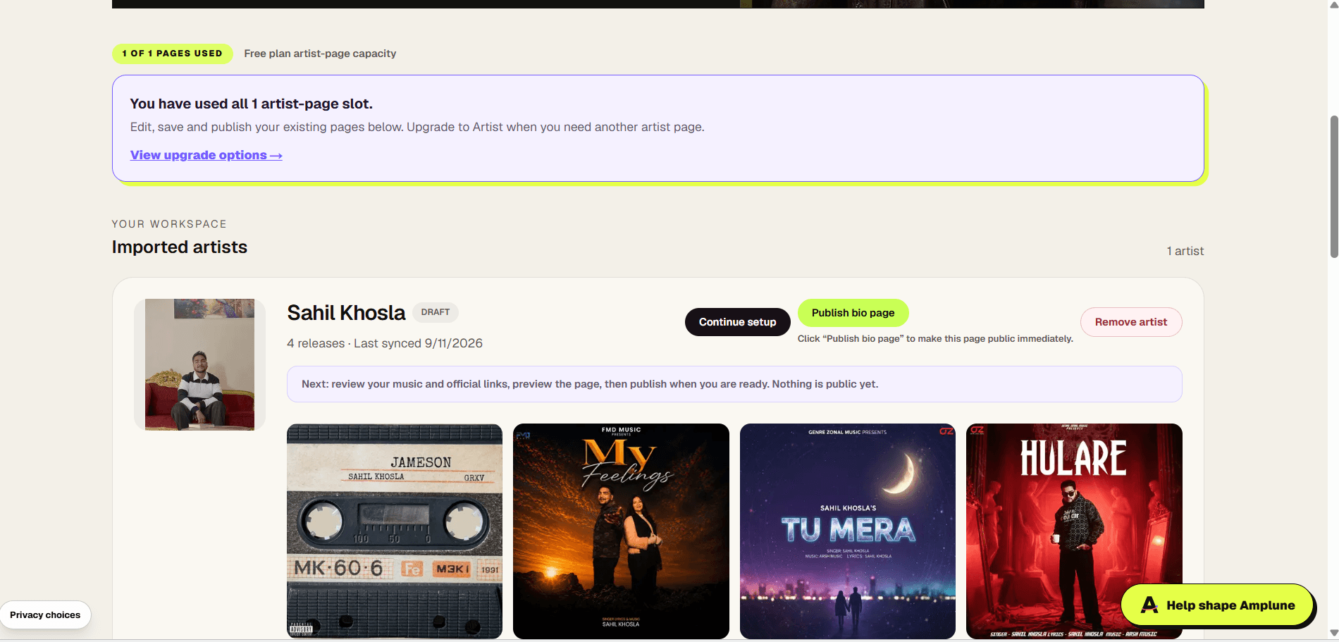 Draft artist card with Continue setup and Publish bio page controls