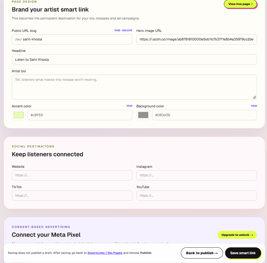 Amplune artist-page editor showing design, social destination and Meta Pixel fields
