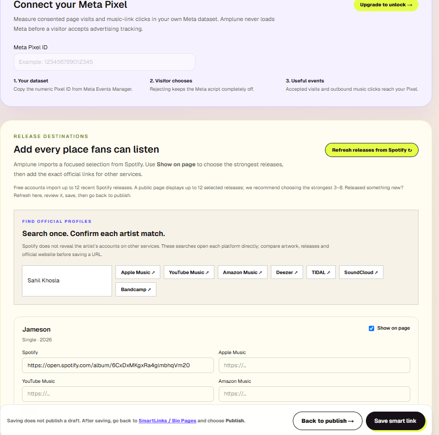 Amplune release destination editor with music service links and Show on page control