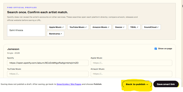 Amplune SmartLink editor showing Back to publish and Save smart link buttons