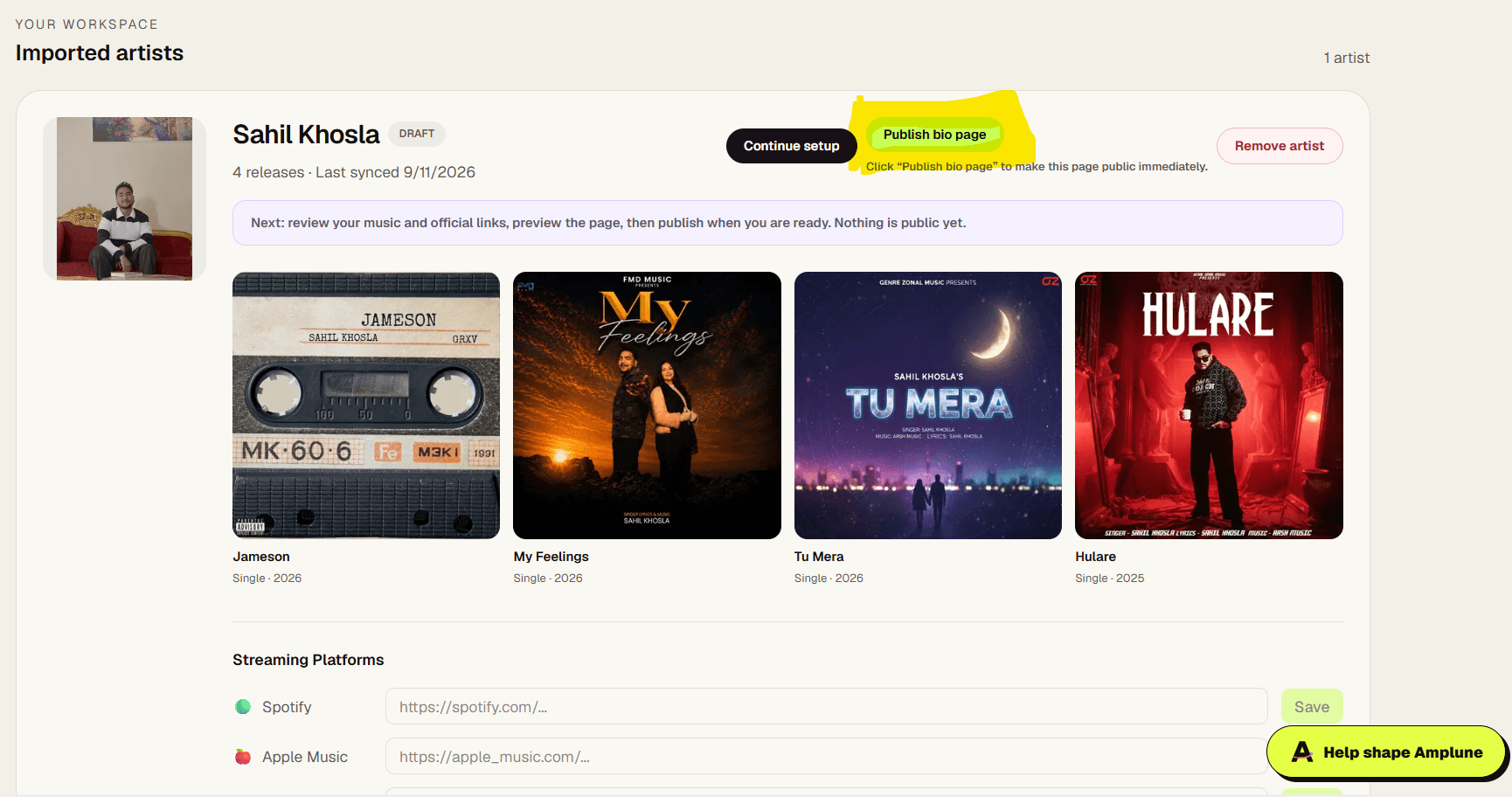 Amplune draft artist card with Publish bio page highlighted
