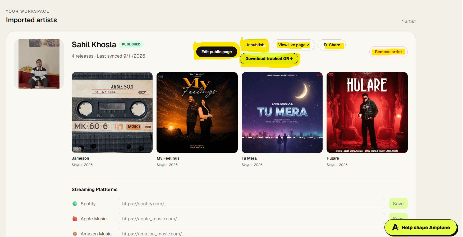 Published Amplune artist card with live-page, share, QR and unpublish actions