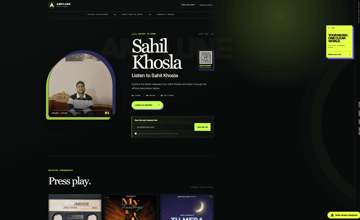Published Amplune artist bio and SmartLink page viewed by listeners