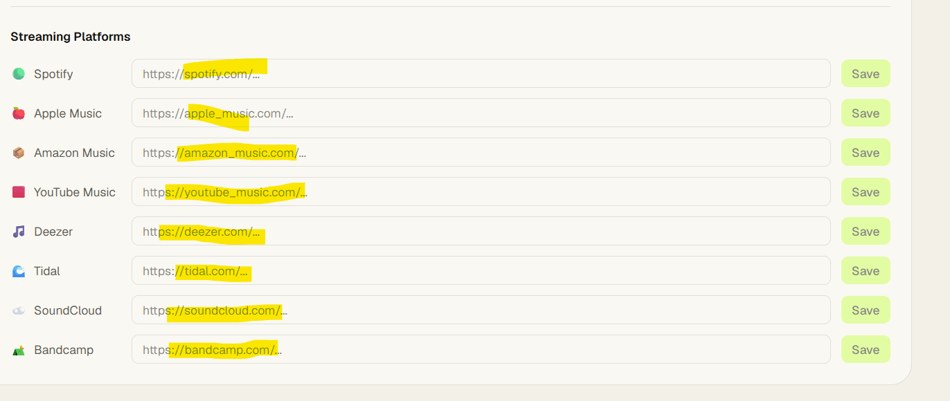 Amplune workspace showing official streaming-platform links for verification