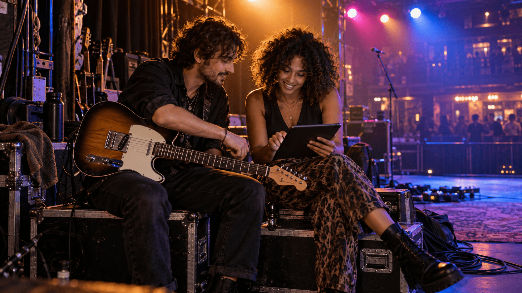 Independent music duo reviewing a release plan backstage