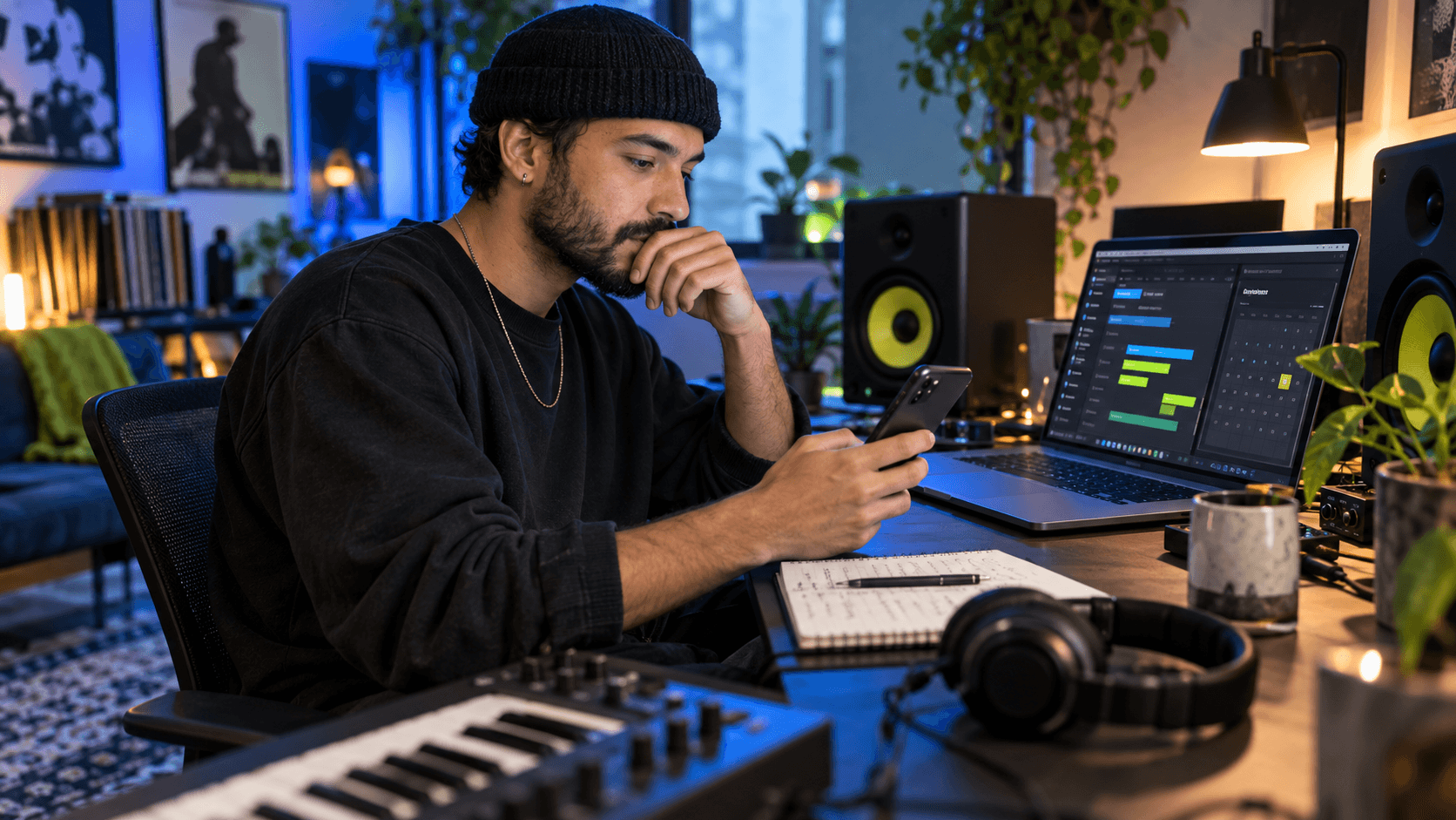 Independent artist planning a music campaign in a home studio